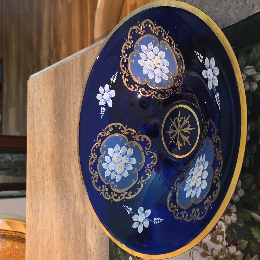 CLEARANCEVAntique Italy Cobalt  bowl Embossed Handpainted applied flowers Guilt